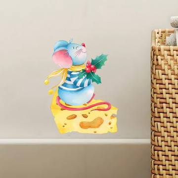 【MR.ZAKKA】創意壁貼-聖誕節主題 可愛聖誕小老鼠坐起司 節慶布置 DIY可移式壁貼 無痕壁貼 牆貼