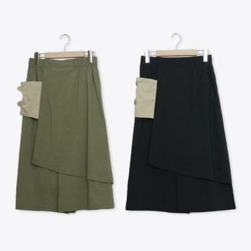 【Dailo】涼感假兩件工裝寬褲 黑 綠