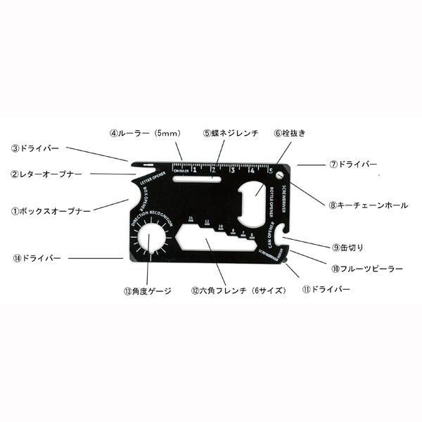 マルチカードツール（アルミケース入り）100個セット販売　薄くて便利な14種類の機能付きカード型ツール