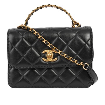 CHANEL 金色CC Logo 小羊皮皮穿鍊提把二用風琴包_展示品(黑色)