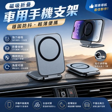 廢物專賣店 車用手機支架 磁吸折疊支架 汽車導航支架 防抖穩定手機架 車用支撐架 磁吸支架 汽車用品 手機導航架
