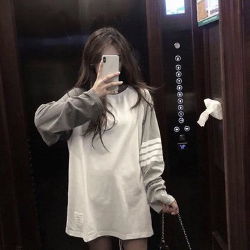 tb長袖T恤女春秋打底衫歐貨潮牌拼色中長薄款衛衣純棉插肩袖上衣