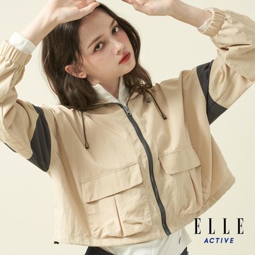 ELLE ACTIVE-短版拼接連帽外套-卡其