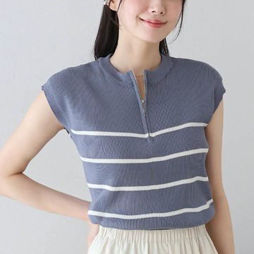 日本 BLUE EAST - 簡潔條紋半拉鍊法式袖針織上衣-藍紫