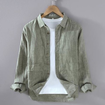 男士純亞麻色織布工裝襯衫夾克青年寬松休閑潮流全麻布料襯衣外套