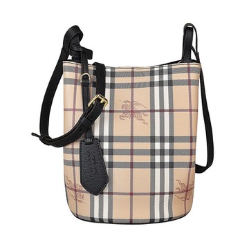 BURBERRY 巴寶莉  Haymarket印花LOGO格紋塗層帆布扣式斜背水桶包(米格紋x黑)