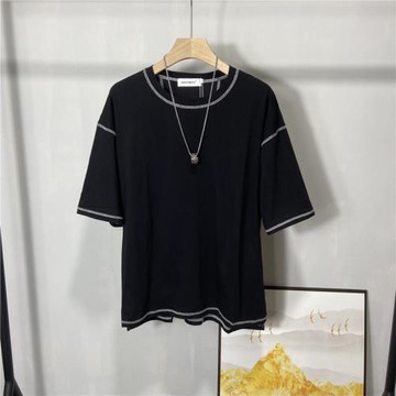 暗黑系山本風格潮牌上衣男士夏季明線設計圓領短袖T恤發型師男裝