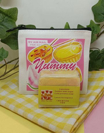 港式食物文創帆布小錢包(港式食物圖案)配片糖金盞花冷製皂