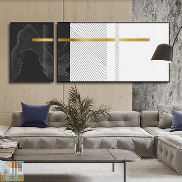 現代輕奢大氣簡約金箔工業風黑白掛畫金箔條紋線條版畫客廳裝飾畫