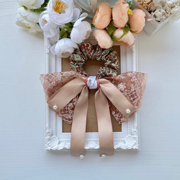 長尾蝴蝶結蕾絲浪漫風格棉布髮圈大腸圈髮飾-橘咖色