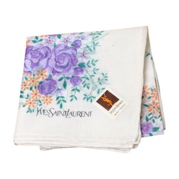 YSL Yves Saint Laurent 繽紛玫瑰花卉叢圖騰品牌字母LOGO帕巾(白底/42CM)