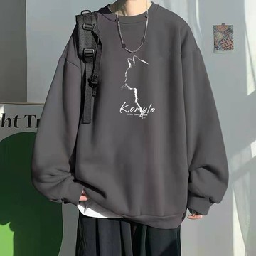 台灣出貨 M-8XL加大尺碼男裝 寬鬆長袖大學T 描邊小貓圖案 簡約休閒風 秋冬男生搭配 動物插畫 寬版圓領設計 WHA