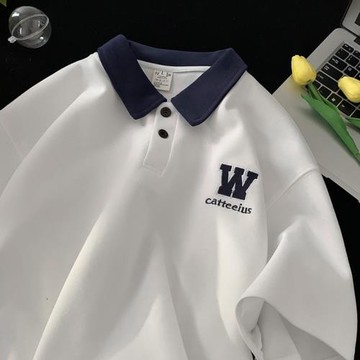 日系學院風翻領撞色polo衫短袖男夏季青少年刺繡t恤ins情侶五分袖