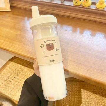 可愛水杯🎀 高顏值ins耐摔耐熱運動塑料杯便攜簡約帶吸管大容量學生爆款水杯