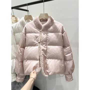 2023新款氣質顯瘦立領毛毛拼接盤扣純色白鴨絨短款羽絨服女冬季