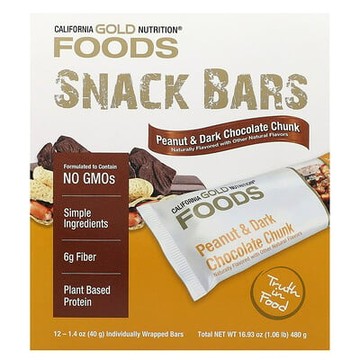 California Gold Nutrition, 食品，花生和黑巧克力塊能量棒，含乾烤杏仁、菊苣根纖維、豌豆脆片和蜂蜜，12 條，每條 1.4 盎司（40 克）