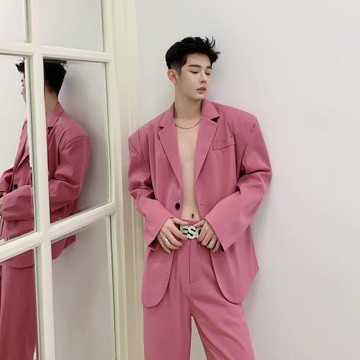 2023春秋新款粉色英倫風西裝外套男復古個性寬松時尚休閑小西服男