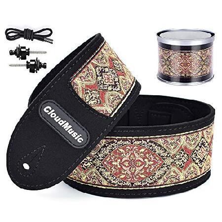 CLOUDMUSIC Vegan Guitar Strap Micro Fiber Leather Vegan Leather With Vintage Embroidered Pattern Guitar Strap Locks Free