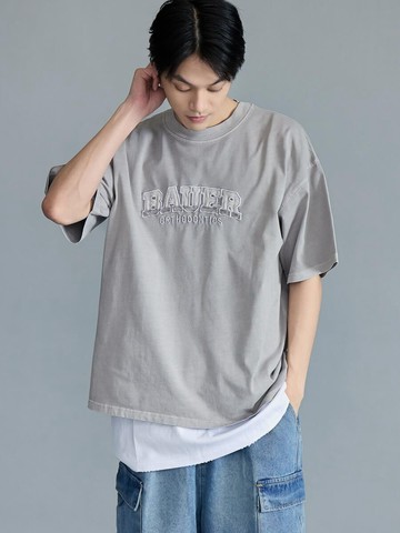 古著感仿舊拼貼文字TEE (水泥灰)