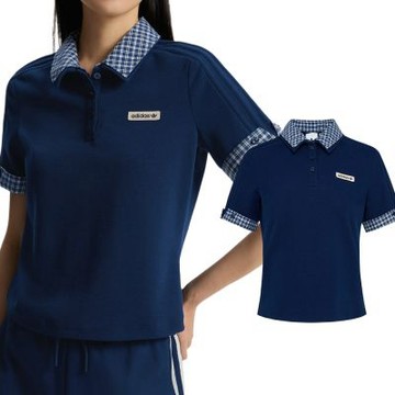 Adidas Plaid Polo Ss W 女款 深藍色 格紋拼接 Polo衫 運動 休閒 短袖 KU9396