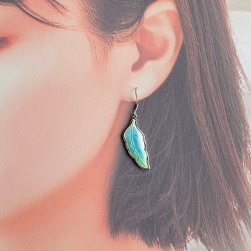 羽毛 【冰河綠】七寶燒耳環・耳夾 純銀胎七寶