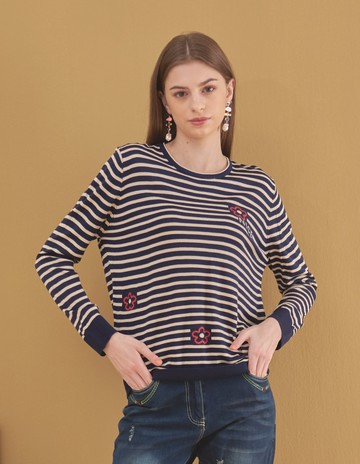 ★【喜芝梅】小花朵圖案橫條造型上衣(藍色；F) 223420770