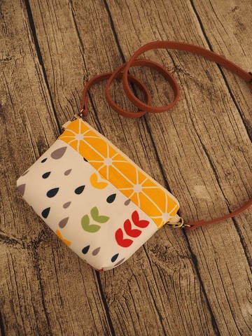 手工縫製托特側肩包帆布手袋化妝袋 黃色拼布彩色水滴圖案