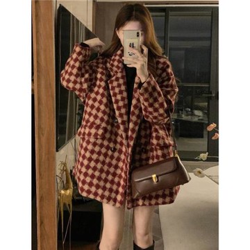紅白格子短款毛呢外套女2025春秋韓系大碼胖MM155cm小個子呢大衣