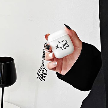 蘋果AirPods 4代 Airpods耳機殻創意黑白貓咪耳機殻綫條貓魚掛飾 TABU