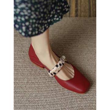 小眾設計法式復古方頭瑪麗珍鞋女平底淺口單鞋真皮酒紅色女鞋春季