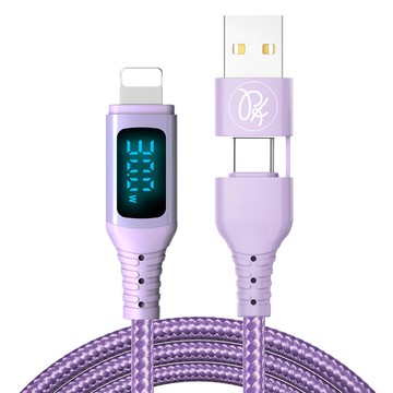 PICKOGEN 皮克全 二合一Type-C USB-A TO Lightning PD充電線 數顯  1.2m  紫色  1條