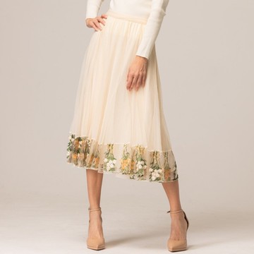 小英倫繡花拼接紗裙  杏