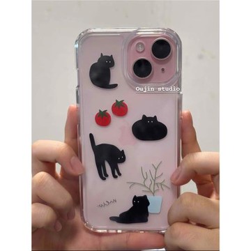 韓系ins小眾設計可愛貓咪ins風番茄小黑貓韓版高透殼適用iphone15promax/16/14蘋果13防刷全包手機殼