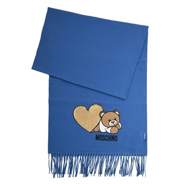 MOSCHINO 30816 M3167 亮片愛心貼花小熊LOGO羊毛流蘇圍巾.藍