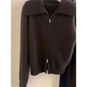 復古咖色大翻領拉鏈針織開衫毛衣外套女秋冬外穿設計感超好看上衣