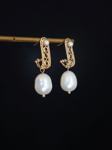 14kGF超大珍珠耳環 手工繞線 耳釘 耳飾 不過敏 11*13mm淡水珍珠