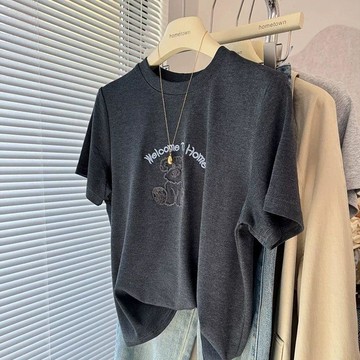 【🍇精選】110公斤可穿 大碼女裝 大碼純棉圓領刺繡小熊短袖T恤女 夏季 遮肉女裝 大碼上衣女 日常百搭T恤 顯瘦T恤