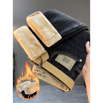 高端加絨保暖男士牛仔褲冬季新款加厚潮流百搭長褲彈力修身小腳褲