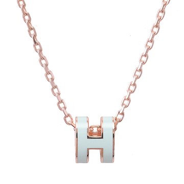 HERMES MINI POPH 經典橢圓H造型項鍊.玫瑰金/淡綠