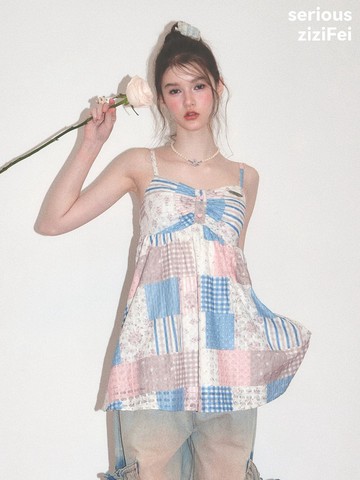 ziziFei''花田''夏溫柔氛圍感粉藍撞色碎花格紋中長款背心吊帶女