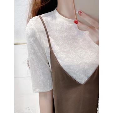 中袖網紗打底衫女夏季吊帶裙內搭短袖t恤高端小衫修身蕾絲上衣薄