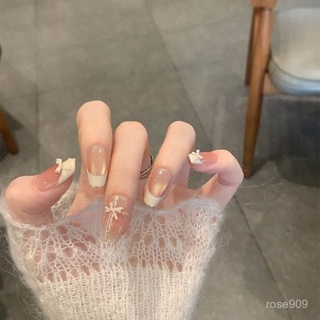 ➕最新設計款穿戴甲💅手工穿戴甲夏日法式蝴蝶結貓眼冰透爆閃甲片高級感顯白溫柔美甲貼短款穿戴甲 8M7O