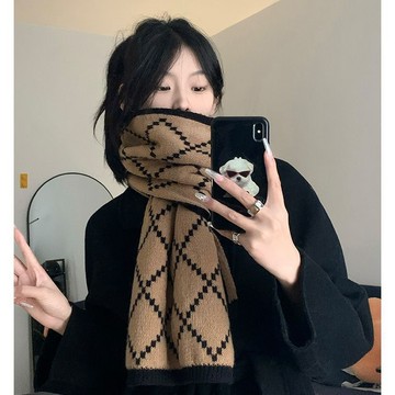 臺灣/✨圍脖 圍巾 披肩菱形格子圍巾女秋冬季新款韓系毛線ins加長保暖加寬學生圍脖加厚
