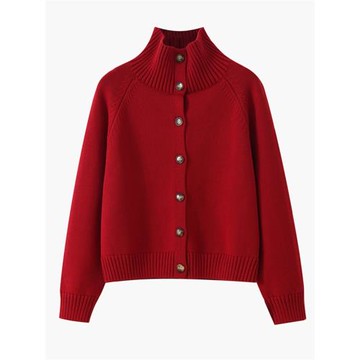 100%純棉開衫外套女半高領車厘子紅色秋冬季加厚外穿圣誕針織毛衣