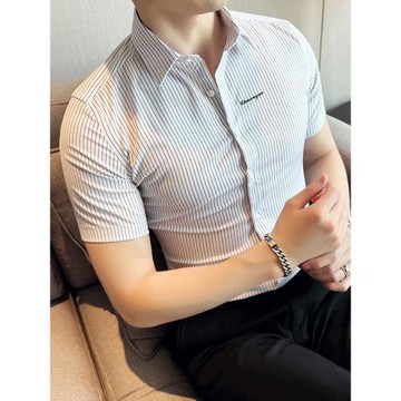 條紋襯衫男士短袖夏季薄款2025新款高級感休閑冰絲刺繡修身白襯衣