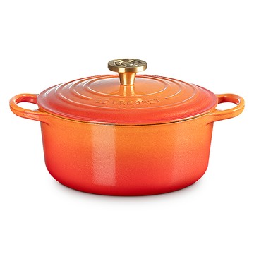 LE CREUSET 典藏琺瑯鑄鐵鍋圓鍋 24cm (流金火焰橘-百年限定淡金頭-內鍋白)