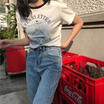 可愛減齡圓領休閑短袖T恤夏季拼色字母卡通人物印花上衣女1入