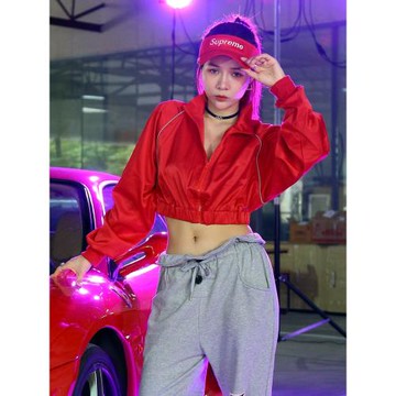 美式機車風紅色工裝外套女短款夾克jazz跳舞上衣街舞服女團演出服