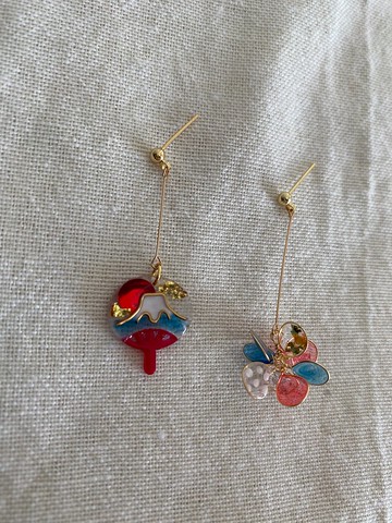 小日出富士山扇配銅線花、耳環、耳夾