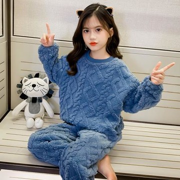女童睡衣秋冬法蘭絨加厚款中大兒童珊瑚絨家居服冬季小孩兩件套裝